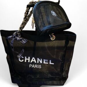 2 Piece Black Tote w/ the Iconic CC Logo and Cosmetic Bag